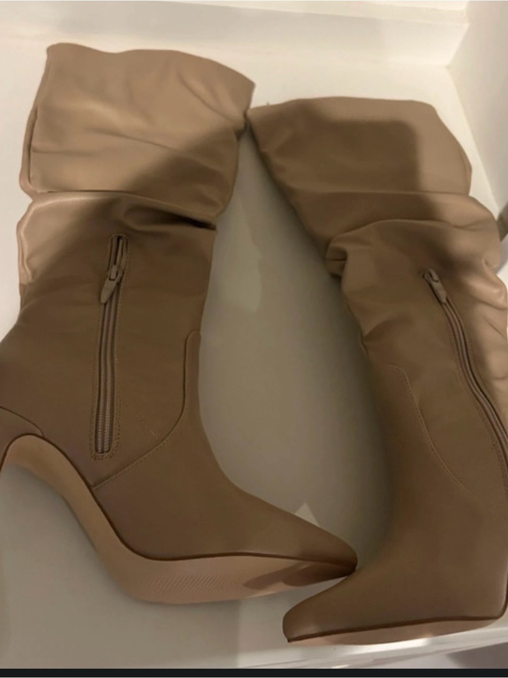 Women's Slouchy Mid-Calf Heeled Boots in Taupe